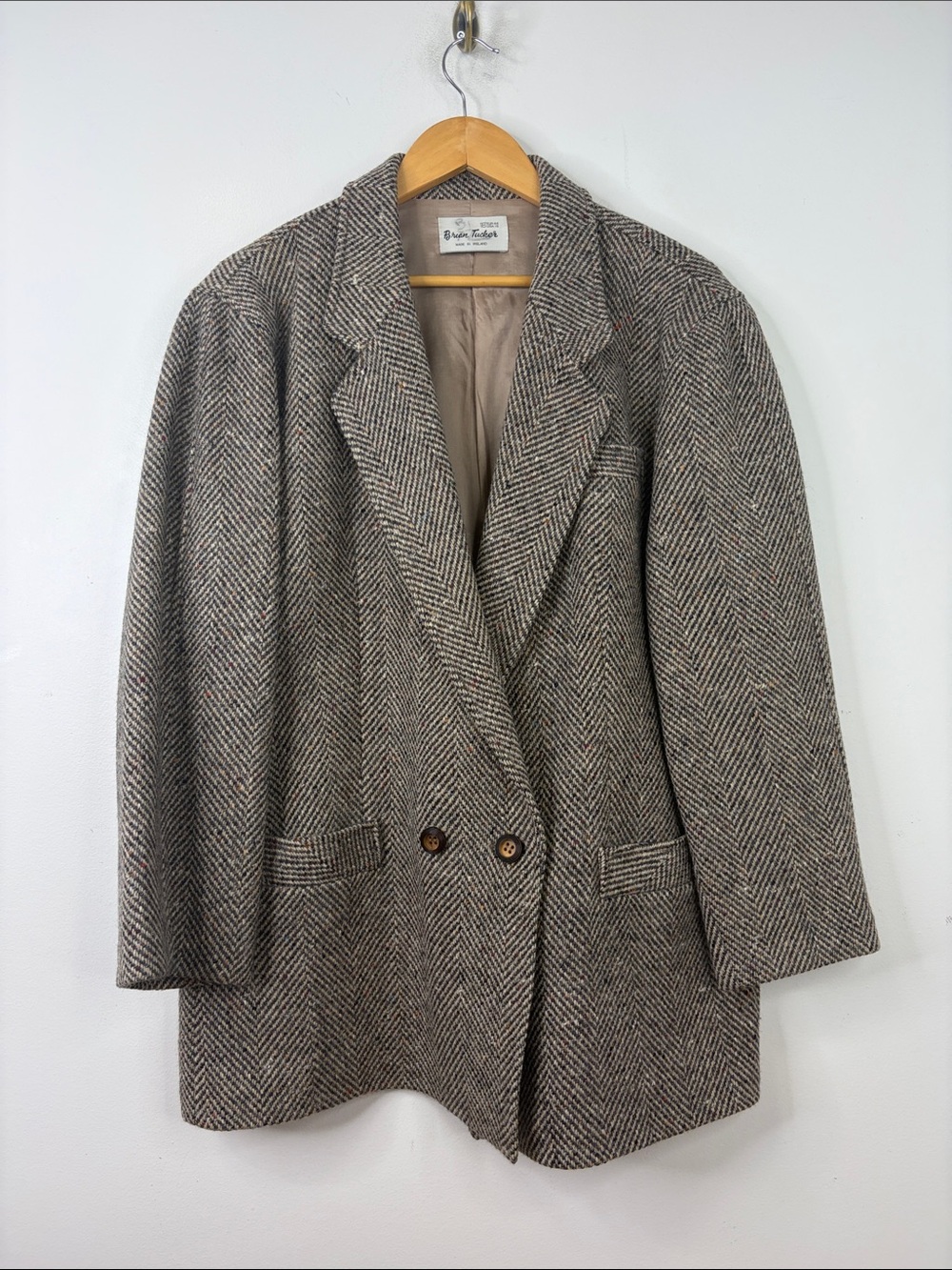 Vintage Donegal Tweed Blazer Womens 16 Brown Beige Herringbone Jacket Irish Wool